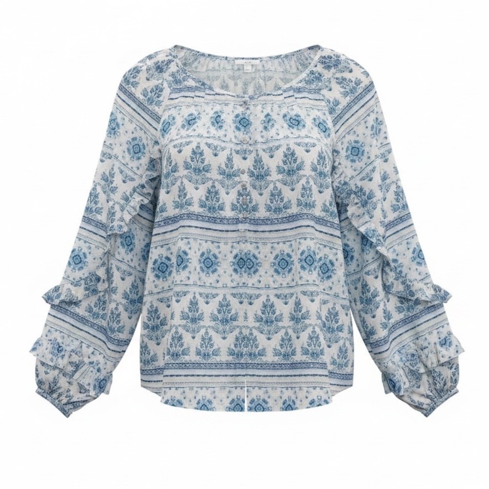 Women L Boho Top Long Sleeve Peasant Prairie Feminine Cottagecore Coastal Resort